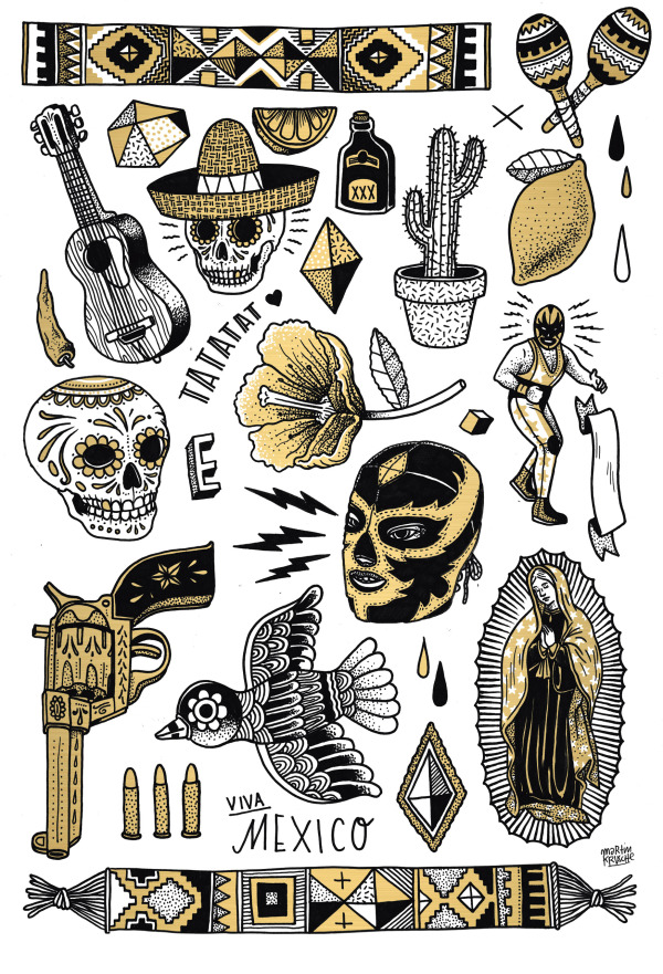 dia de los muertos mexican temorary tattoo illustrations