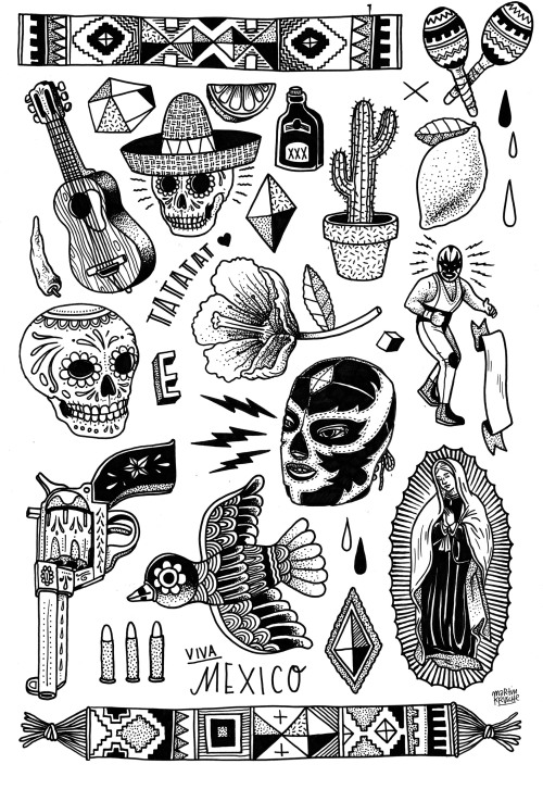 dia de los muertos mexican temporary tattoo illustrations